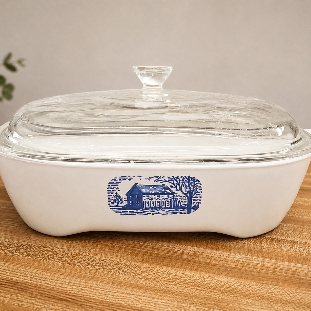 White Glass Casserole Dish with Blue Farmhouse Motif By AMANA